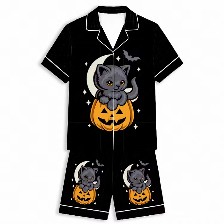 Halloween Midnight Pumpkin Cat Unisex Short Sleeve Silky Satin Pajama Set