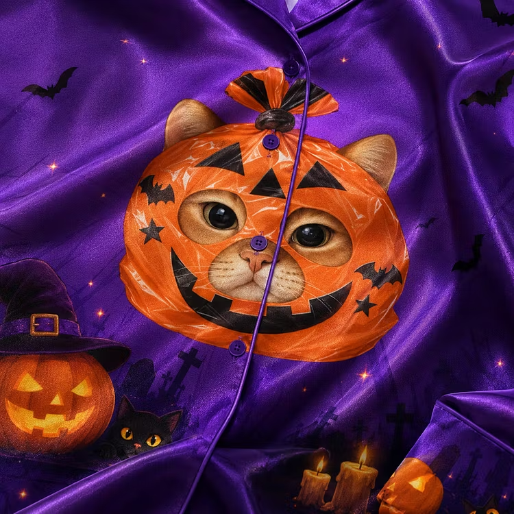 Halloween Midnight Treat Bag Cat Purple Unisex Short Sleeve Silky Satin Pajama Set