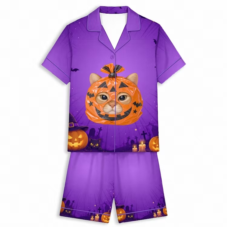 Halloween Midnight Treat Bag Cat Purple Unisex Short Sleeve Silky Satin Pajama Set