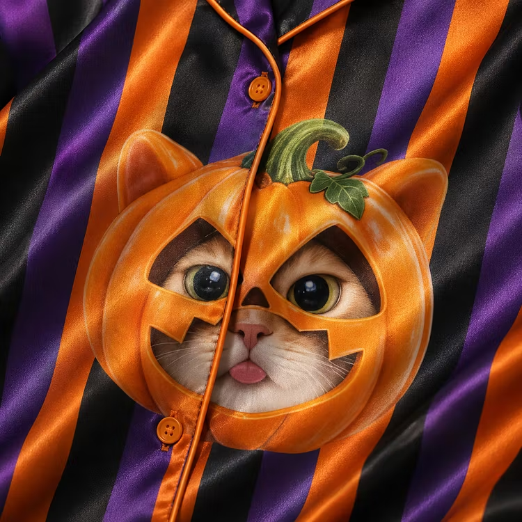 Halloween Trickster Pumpkin Cat Stripes Unisex Short Sleeve Silky Satin Pajama Set