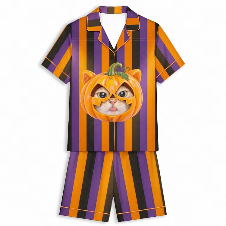 Halloween Trickster Pumpkin Cat Stripes Unisex Short Sleeve Silky Satin Pajama Set