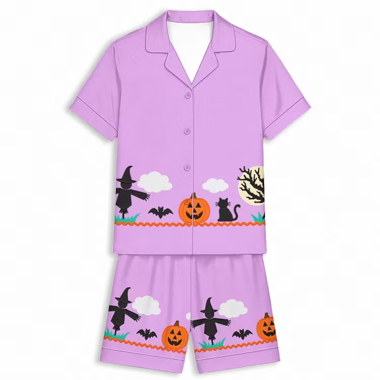 Halloween Witch Cat Silhouette Lavender Unisex Short Sleeve Silky Satin Pajama Set