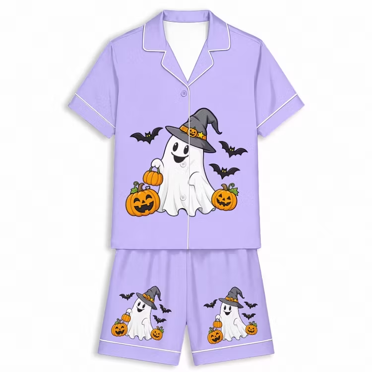 Halloween Witchy Ghost Parade Purple Unisex Short Sleeve Silky Satin Pajama Set