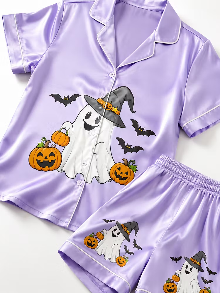 Halloween Witchy Ghost Parade Purple Unisex Short Sleeve Silky Satin Pajama Set