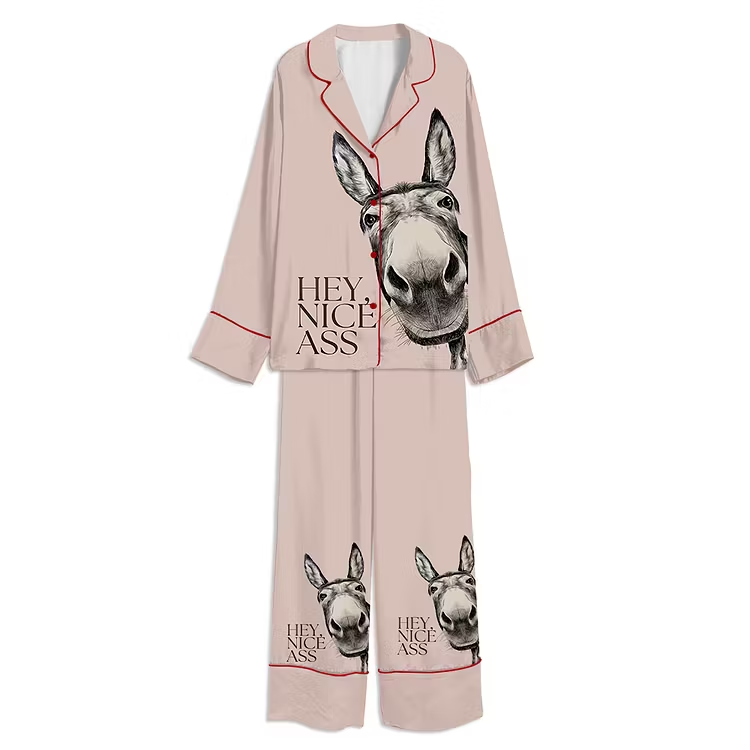 Hey Nice Ass Funny Donkey Unisex Long Sleeve Silky Satin Pajama Set