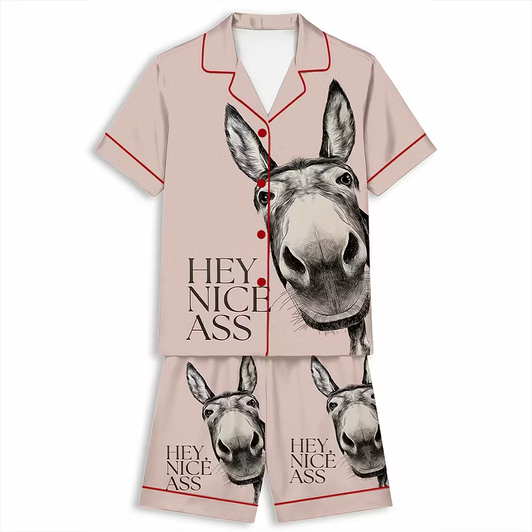Hey Nice Ass Funny Donkey Unisex Short Sleeve Silky Satin Pajama Set
