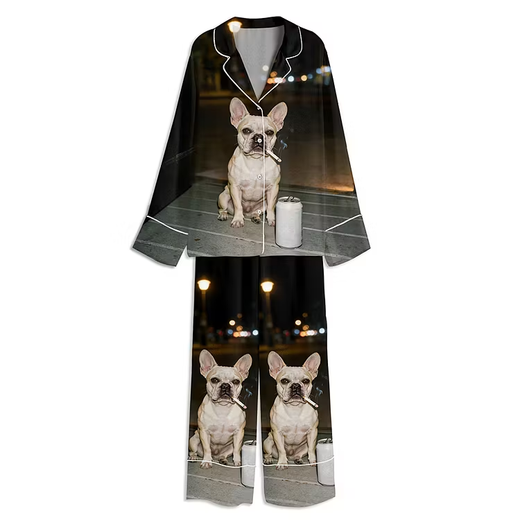 I Got That Dog In Me French Bulldog Smoking Unisex Long Sleeve Satin Pajama Set