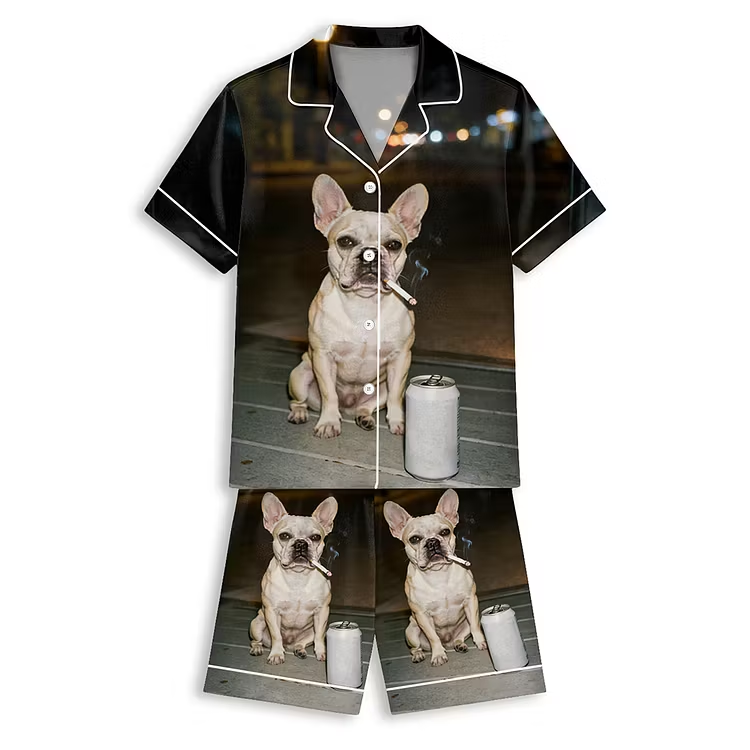 I Got That Dog In Me French Bulldog Smoking Unisex Short Sleeve Satin Pajama Set