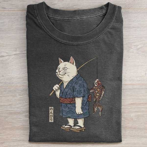 Kimono Cat Fishing Koi Fish T-shirt