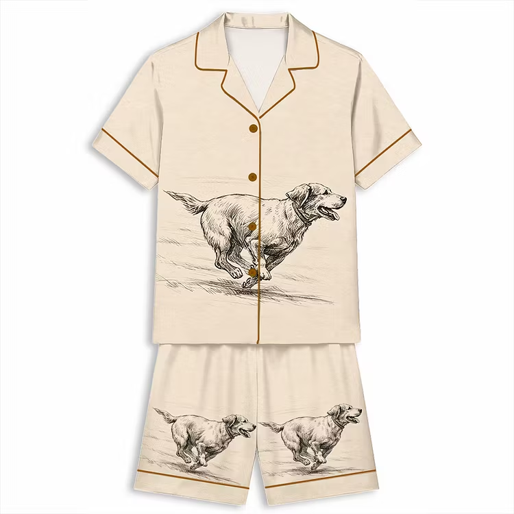 Lab Retriever Vintage Dog With Zoomies Unisex Short Sleeve Silky Satin Pajama Set