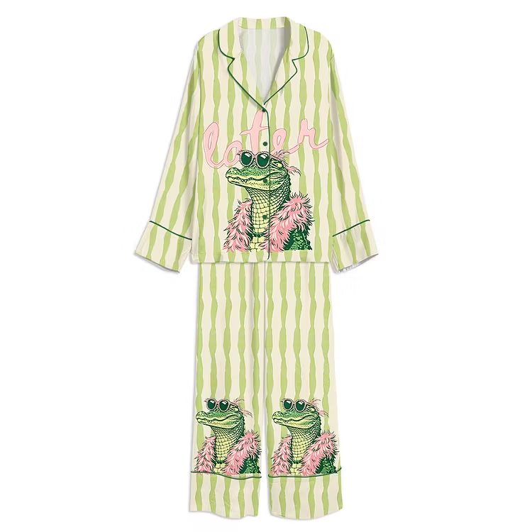 Later Gator Preppy Girl Alligator Unisex Long Sleeve Silky Satin Pajama Set