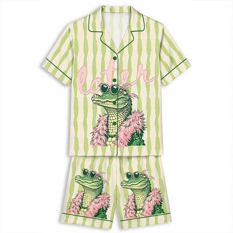 Later Gator Preppy Girl Alligator Unisex Short Sleeve Silky Satin Pajama Set