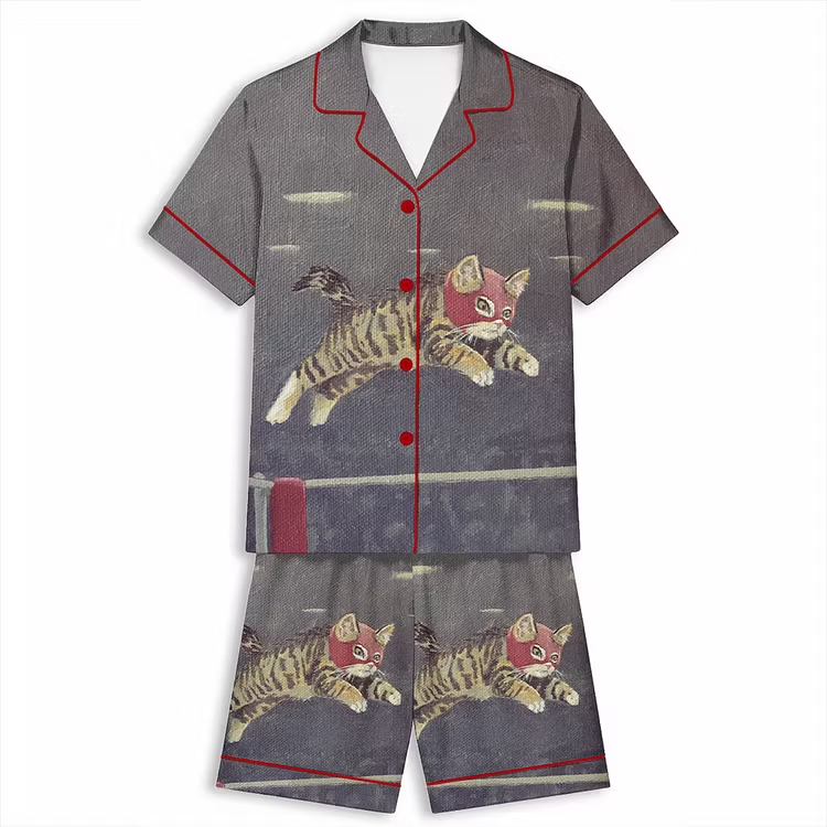 Luchador Kitty Cat Unisex Short Sleeve Silky Satin Pajama Set