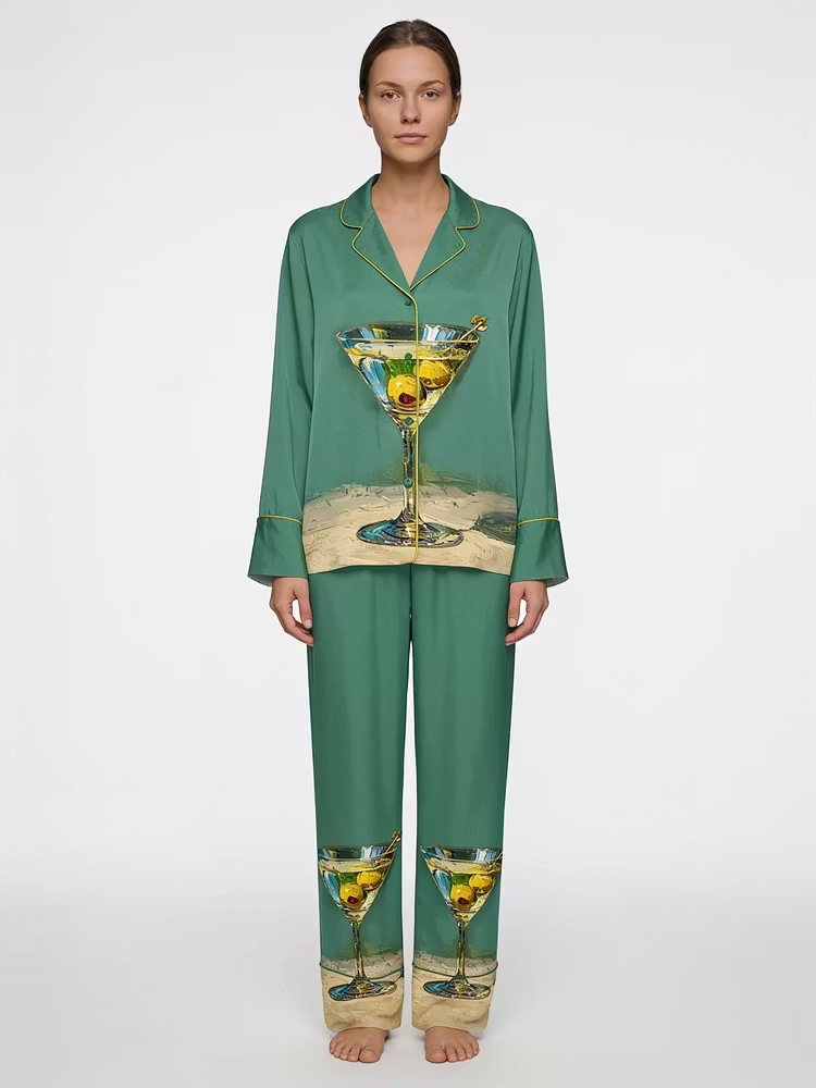 Martini Still Life Cocktail Glass With Olives Unisex Long Sleeve Silky Satin Pajama Set