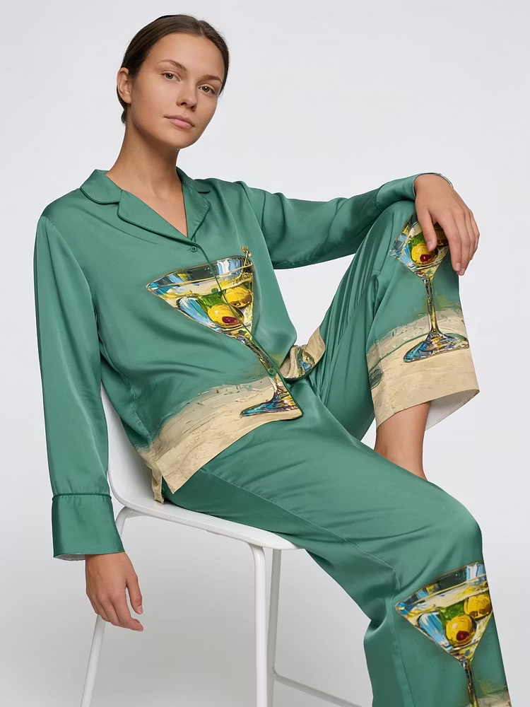 Martini Still Life Cocktail Glass With Olives Unisex Long Sleeve Silky Satin Pajama Set