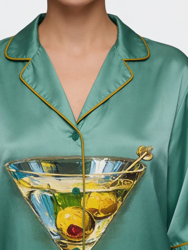Martini Still Life Cocktail Glass With Olives Unisex Long Sleeve Silky Satin Pajama Set