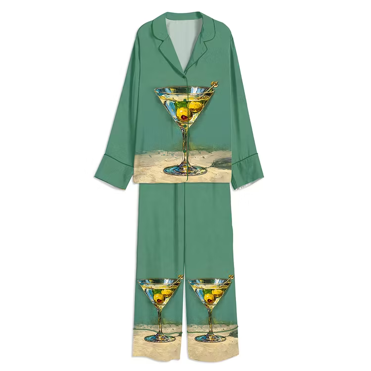 Martini Still Life Cocktail Glass With Olives Unisex Long Sleeve Silky Satin Pajama Set