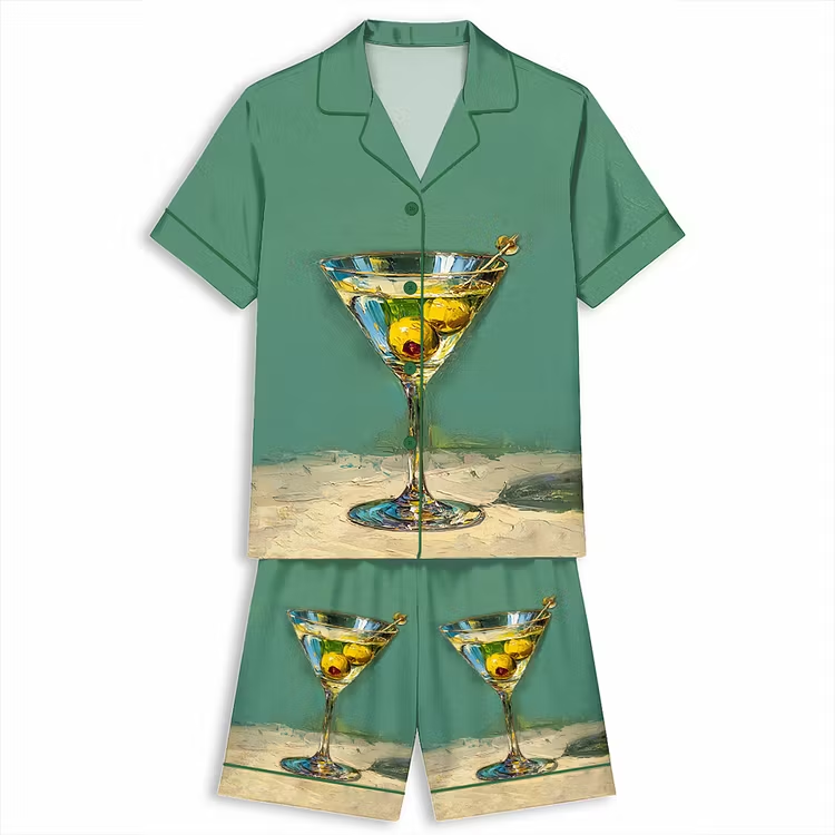 Martini Still Life Cocktail Glass With Olives Unisex Short Sleeve Silky Satin Pajama Set