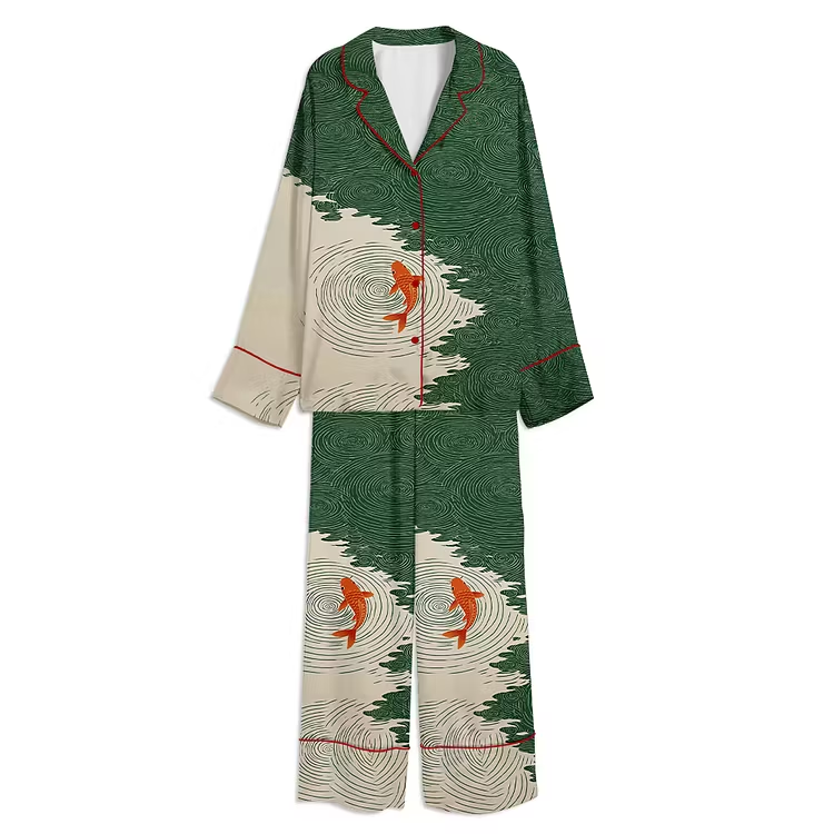 Minimal Green & Orange Zen Water Koi Fish Unisex Long Sleeve Silky Satin Pajama Set
