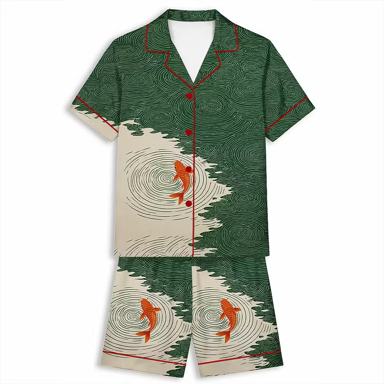 Minimal Green & Orange Zen Water Koi Fish Unisex Short Sleeve Silky Satin Pajama Set