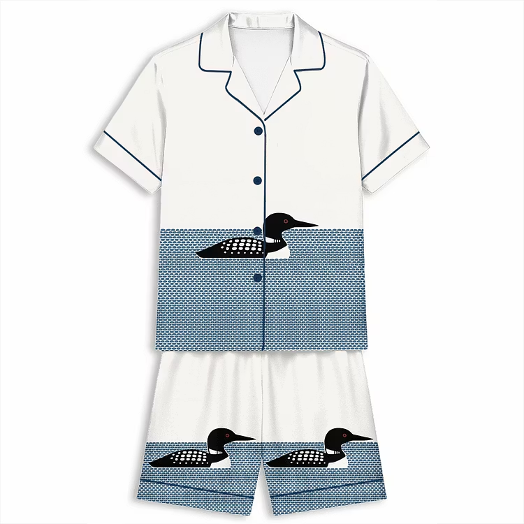 Minimalist Loon Black And White Water Bird Unisex Short Sleeve Silky Satin Pajama Set