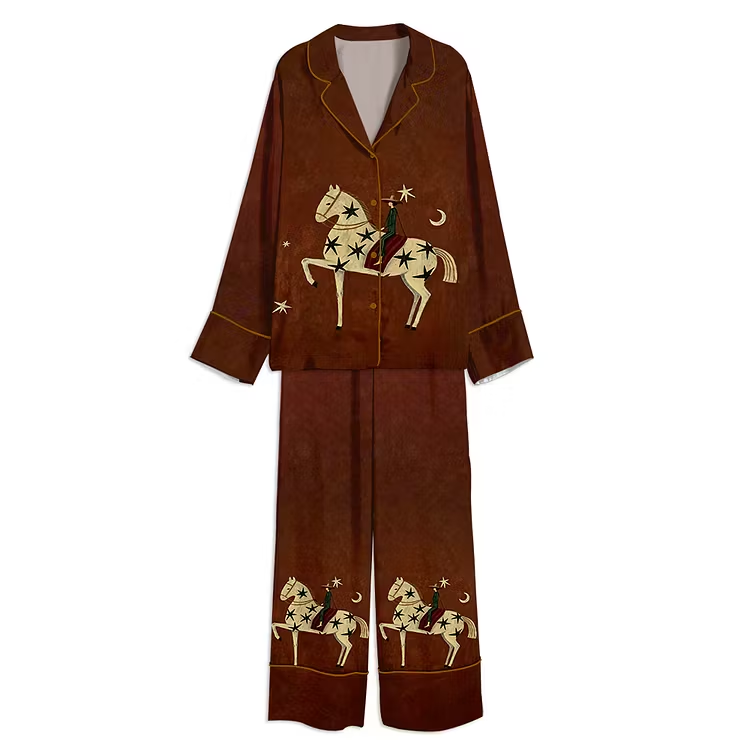 Modern Abstract Horse Rider Western Art Unisex Long Sleeve Silky Satin Pajama Set