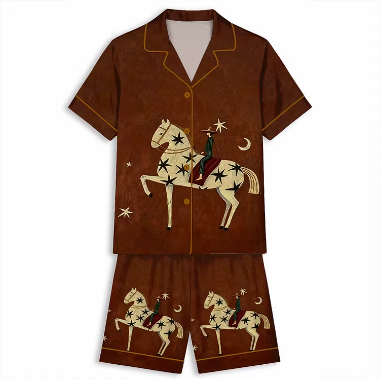 Modern Abstract Horse Rider Western Art Unisex Short Sleeve Silky Satin Pajama Set