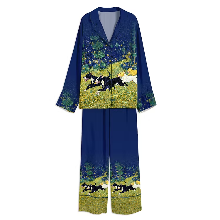 Pit Bull Dogs Frolicking In Flower Field Unisex Long Sleeve Silky Satin Pajama Set
