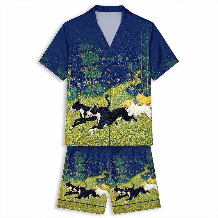 Pit Bull Dogs Frolicking In Flower Field Unisex Short Sleeve Silky Satin Pajama Set