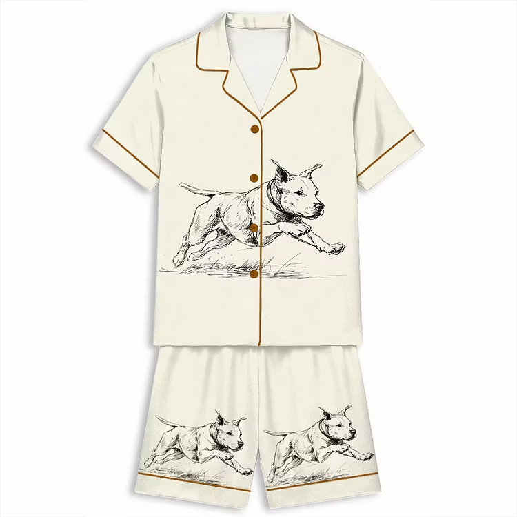 Pitbull With Zoomies Vintage Pittie Dog Mom Unisex Short Sleeve Silky Satin Pajama Set