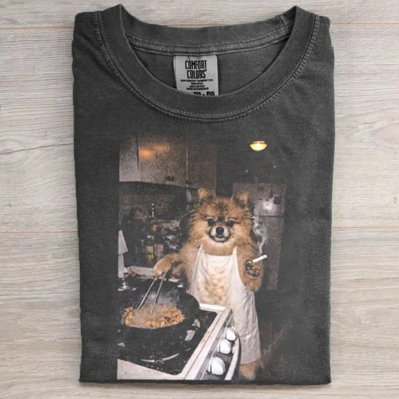 Retro Cooking Pomeranian Meme Graphic T-shirt