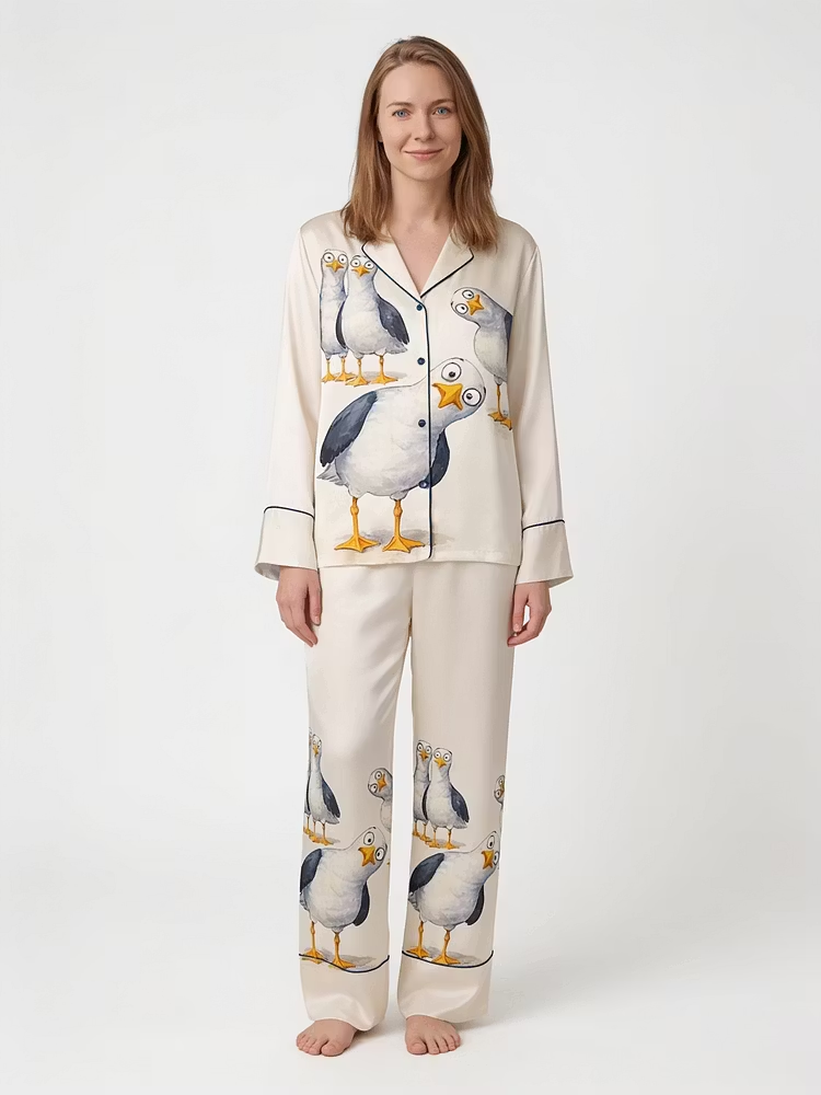 Seagulls Three Funny Birds Pigeon Coastal Nursery Unisex Long Sleeve Silky Satin Pajama Set