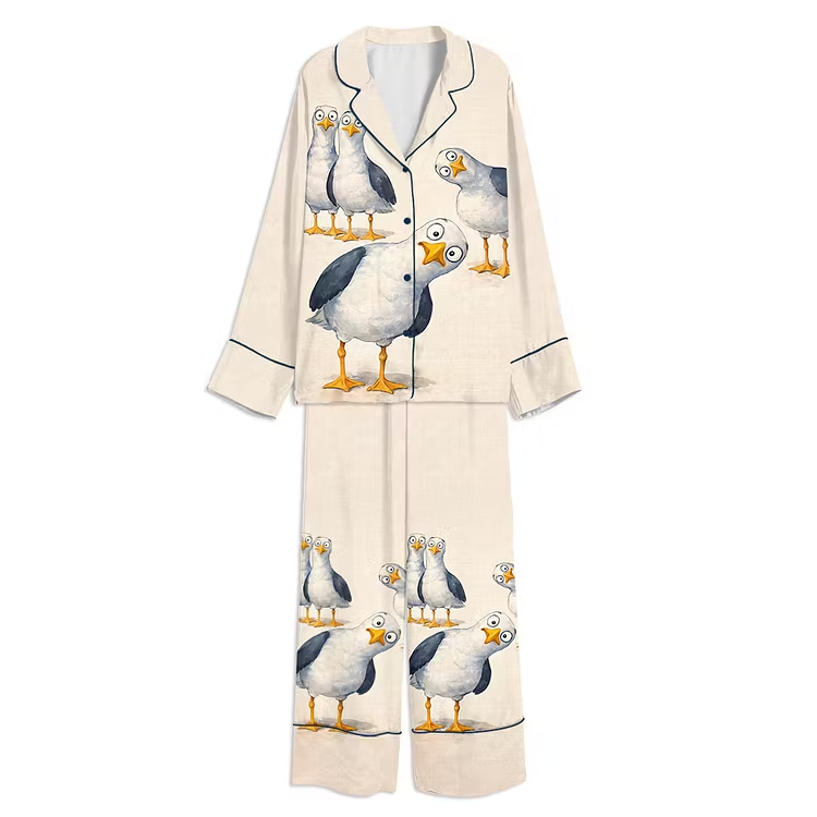 Seagulls Three Funny Birds Pigeon Coastal Nursery Unisex Long Sleeve Silky Satin Pajama Set