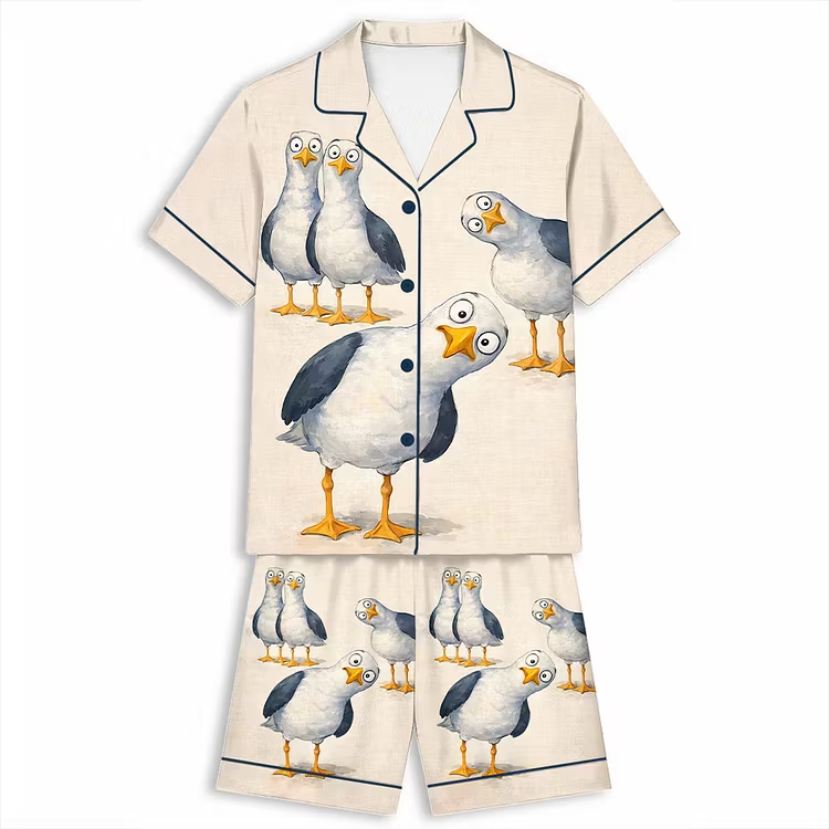 Seagulls Three Funny Birds Pigeon Coastal Nursery Unisex Short Sleeve Silky Satin Pajama Set