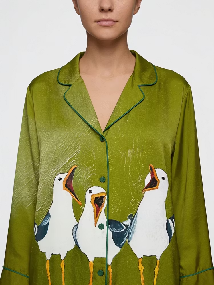 Seagulls Three Funny Birds Unisex Long Sleeve Silky Satin Pajama Set
