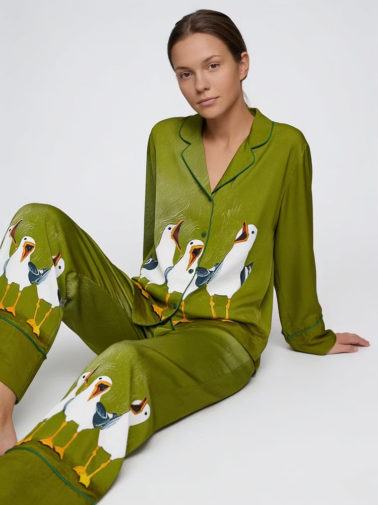 Seagulls Three Funny Birds Unisex Long Sleeve Silky Satin Pajama Set