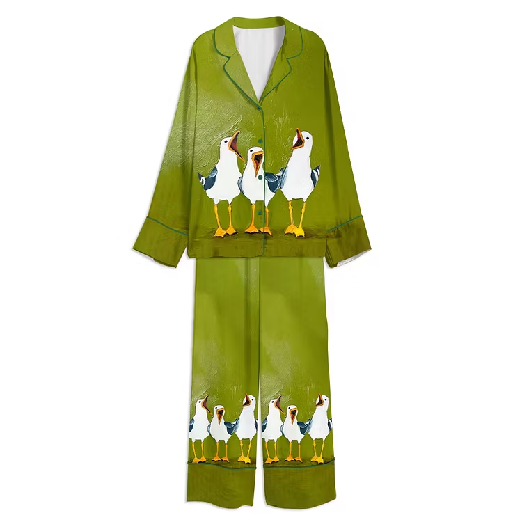 Seagulls Three Funny Birds Unisex Long Sleeve Silky Satin Pajama Set