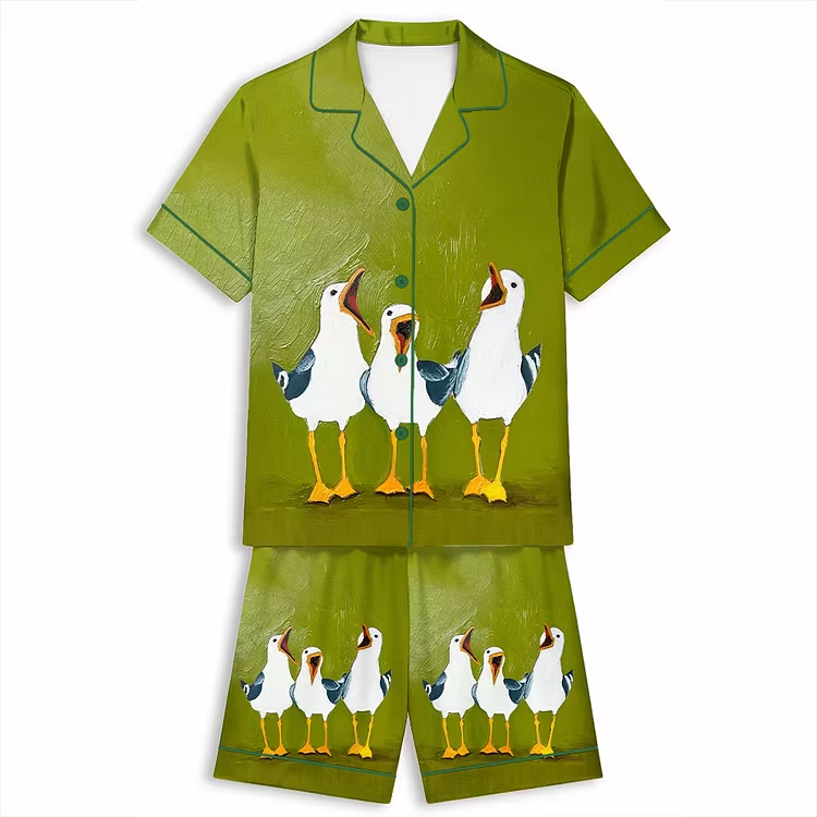 Seagulls Three Funny Birds Unisex Short Sleeve Silky Satin Pajama Set