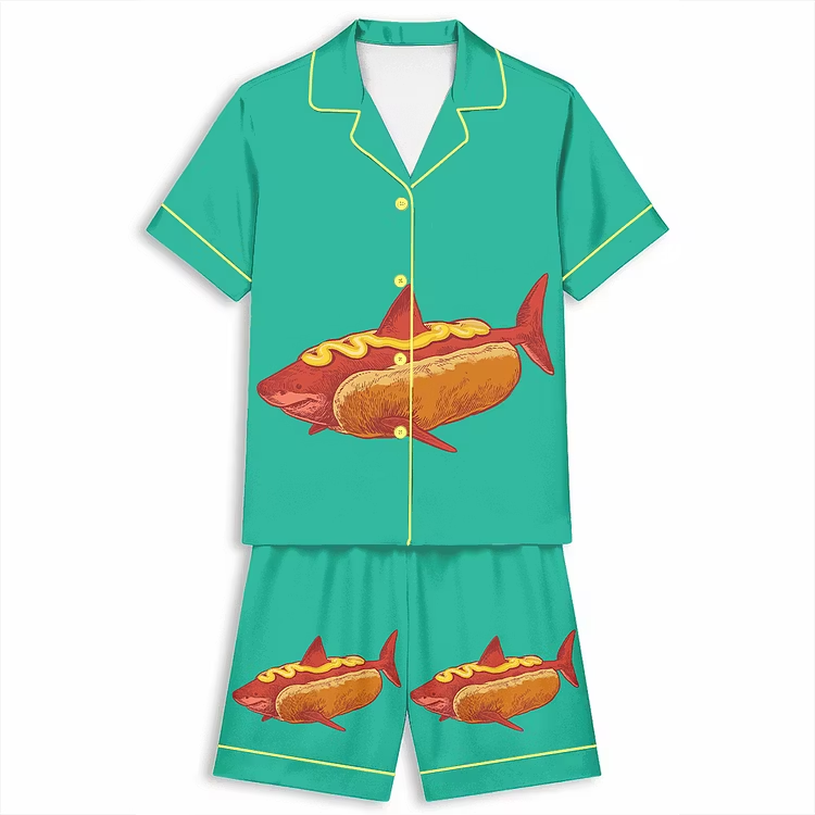 Shark Burger Hot Dog Unisex Short Sleeve Silky Satin Pajama Set