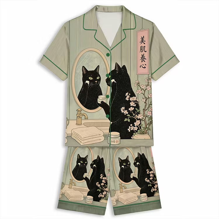 Skincare Cat Japanese Style Black Cat Art Unisex Short Sleeve Silky Satin Pajama Set