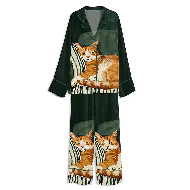 Sleeping Cat Stripe Kitten Unisex Long Sleeve Satin Pajama Set