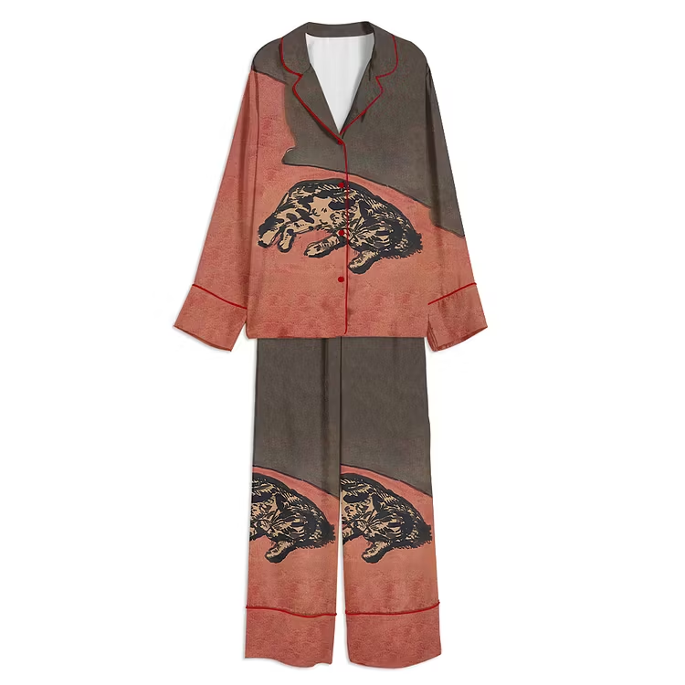 Small Framed Resting Cat Unisex Long Sleeve Silky Satin Pajama Set