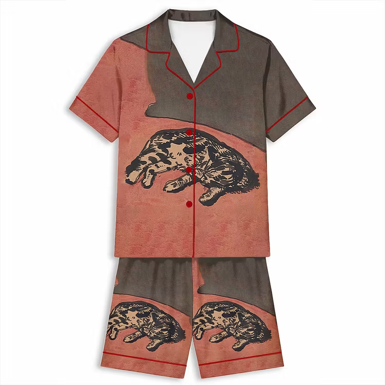 Small Framed Resting Cat Unisex Short Sleeve Silky Satin Pajama Set