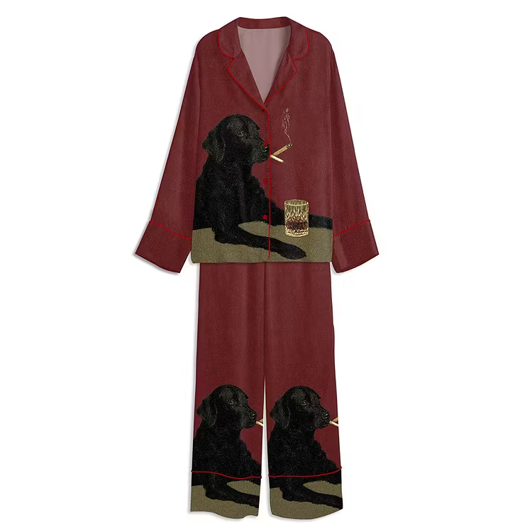 Smoking Black Dog With Cigarette And Whiskey Unisex Long Sleeve Satin Pajama Set