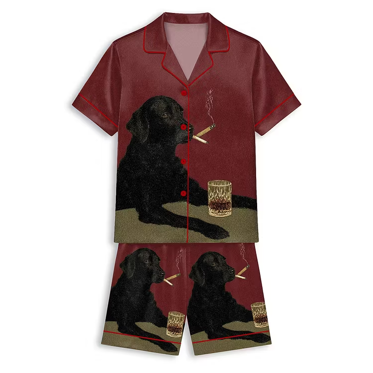 Smoking Black Dog With Cigarette And Whiskey Unisex Short Sleeve Satin Pajama Set