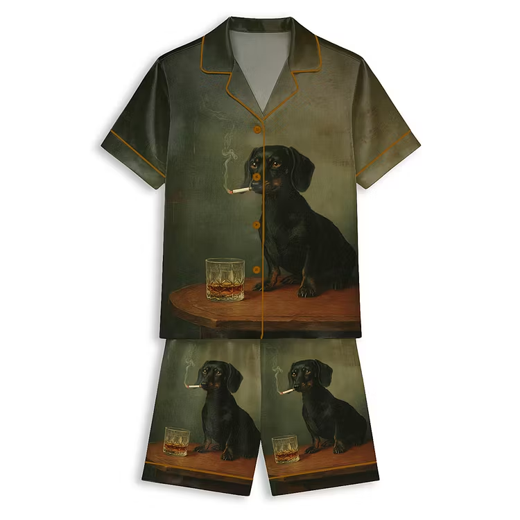 Smoking Dachshund Dog Whisky Lover Unisex Short Sleeve Satin Pajama Set