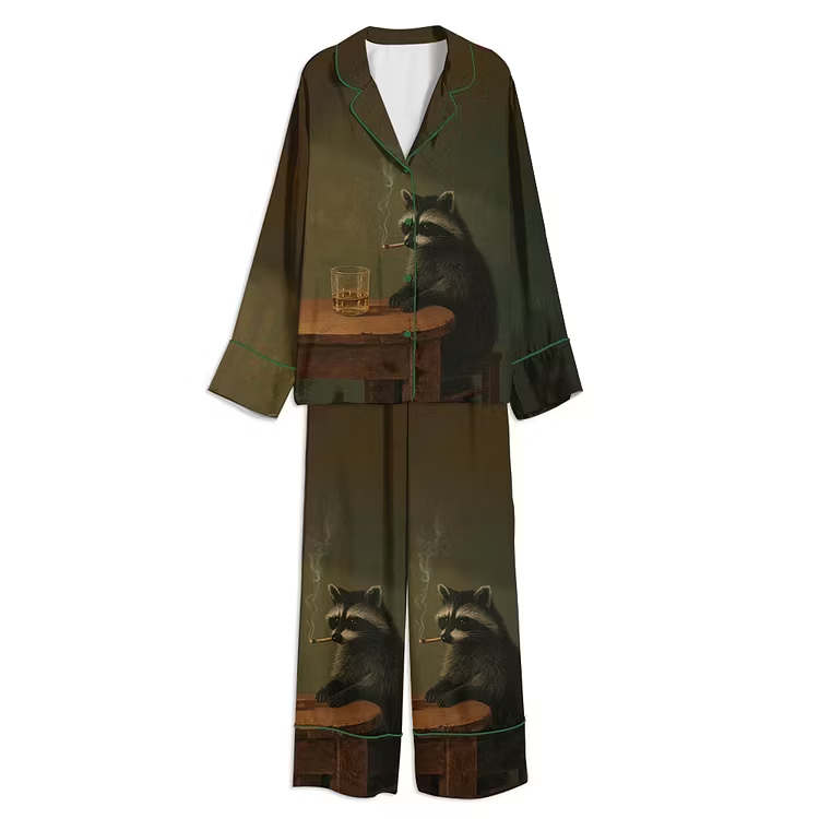 Smoking Raccoon Funny Animal Whisky Lover Unisex Long Sleeve Satin Pajama Set