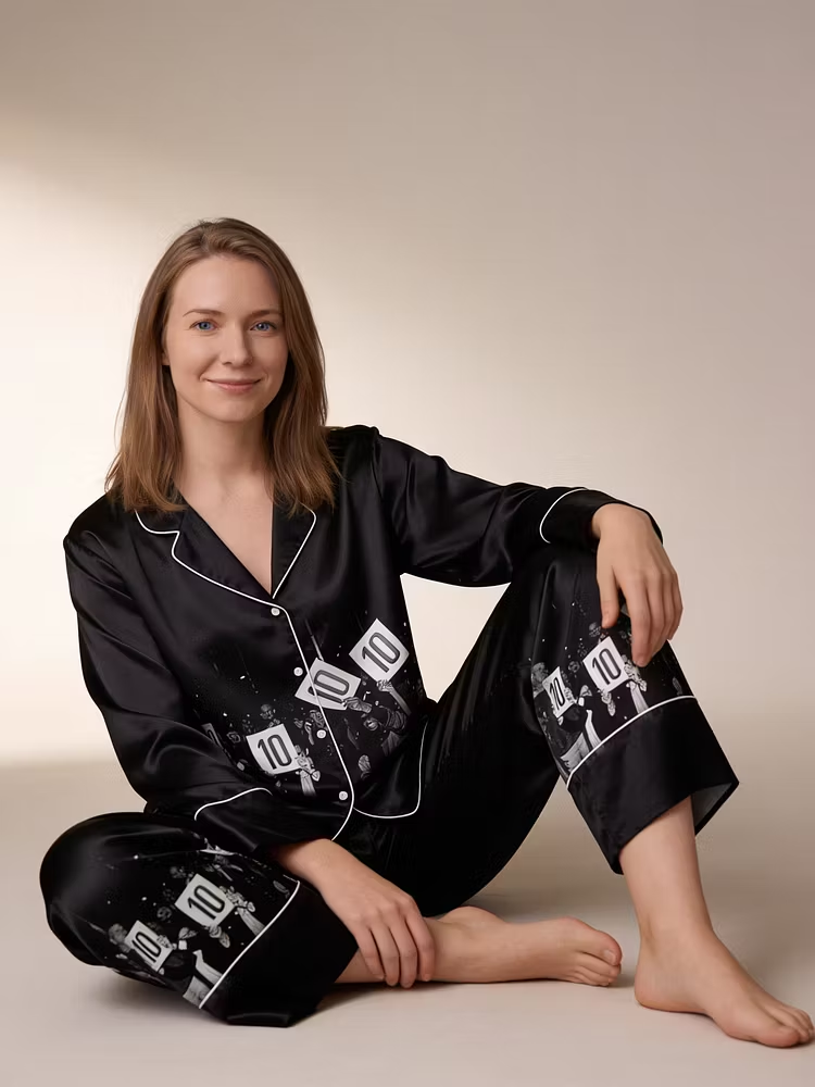 Tens Across The Board Photography Prints Unisex Long Sleeve Silky Satin Pajama Set