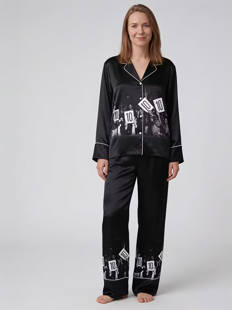 Tens Across The Board Photography Prints Unisex Long Sleeve Silky Satin Pajama Set