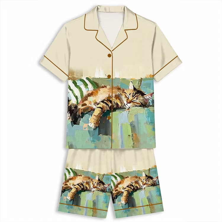 Tabby Cat Sleeping On Sofa Unisex Short Sleeve Silky Satin Pajama Set